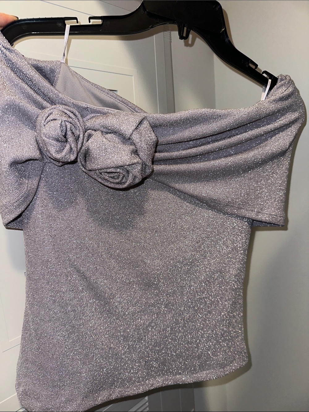 Zara Silver Shimmer Off-Shoulder Rosette Crop Top